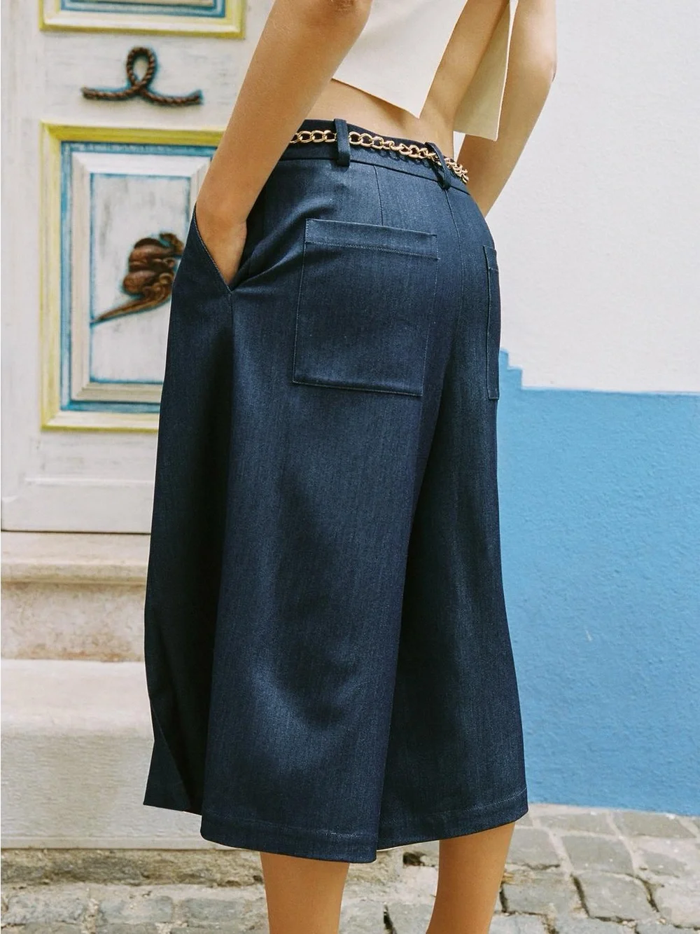 NWT. Zara Blue/Indigo High-Waisted Pleaded Long Shorts. Size S, M. - Picture 5 of 12